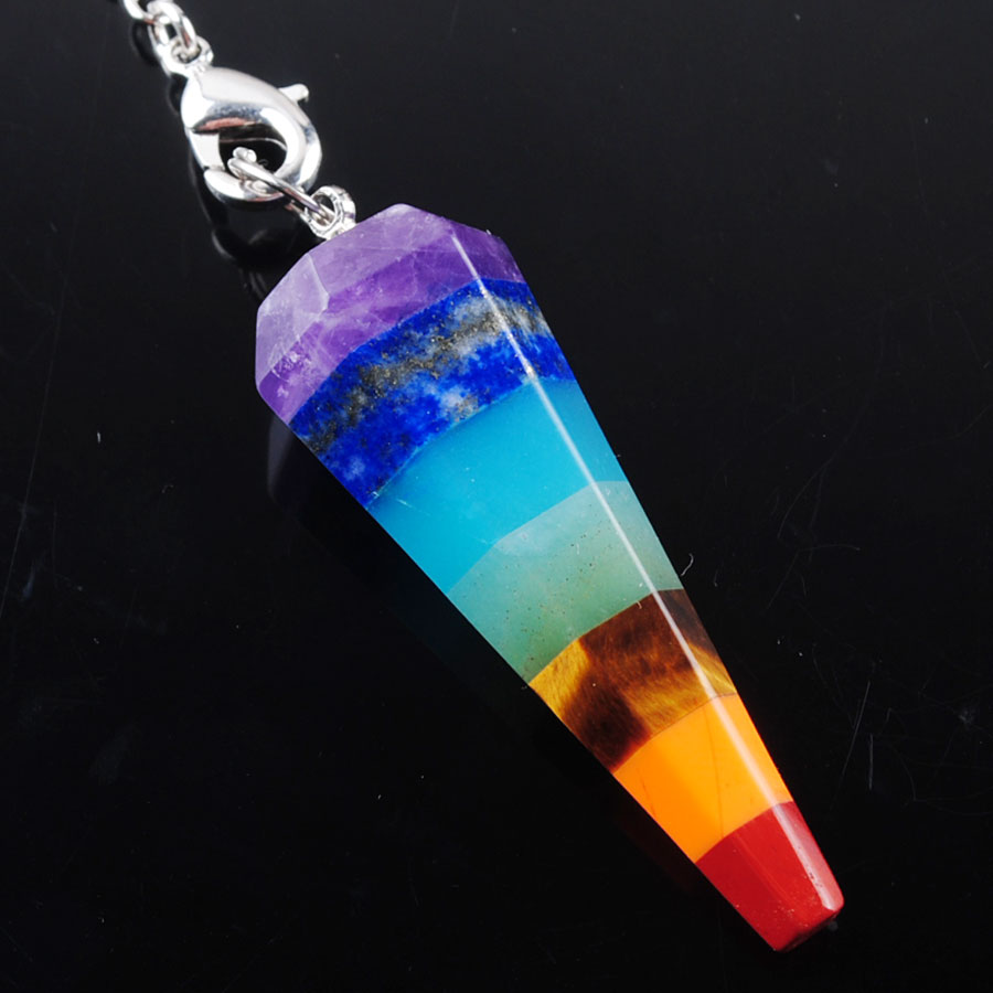 WOJIAER Rainbow 7 Chakra Layered Pendant Necklace Healing Dowsing Reiki Pendulum With Chain BN360