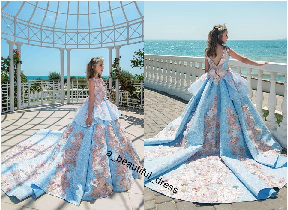 Blue Lace Girls Pageant Dresses Ball Gown Children Birthday Holiday Wedding Party Dresses Teenage Princess Toddler Dresses SweepTrain FG1279