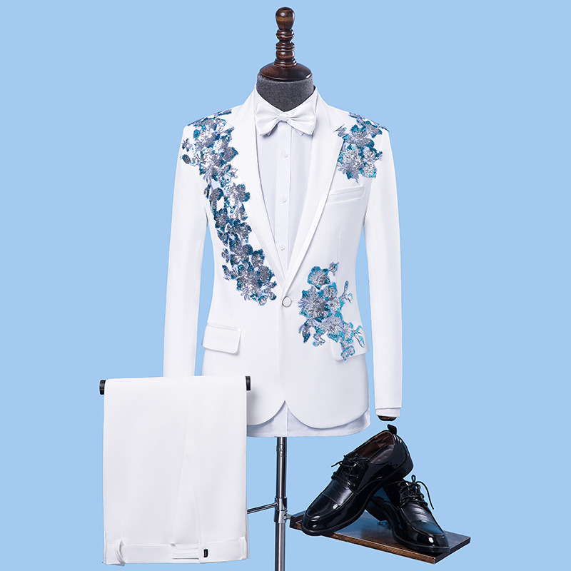 Sequins Applique Groom Wedding Tuxedos Slim Fit One Button Mens Pants Suits Best Men Wear 2 piece Formal Blazer In Stock