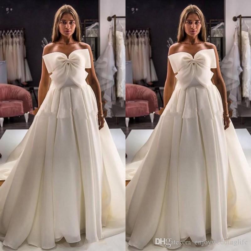 Simple Elegant Cheap A Line Dresses Stapless Bow Open Back Floor Length Satin Wedding Dress Bridal Gowns Vestidos De Noiva