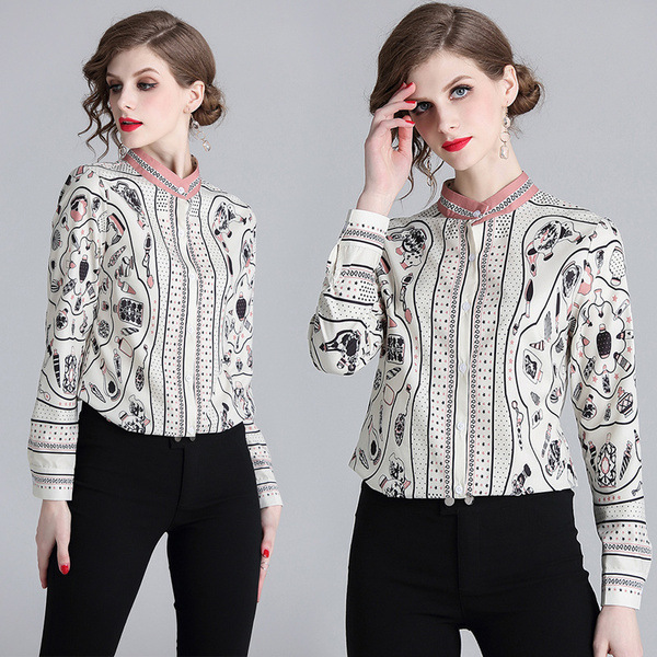 New Spring Fall Runway Fashion Luxury Women's Print Stand Collar Shirts Top Casual Office Lady Button Front Up Down Long Sleeve Shirt Blouse, Customize
New Spring Fall Runway Fashion Luxury Women's Print Stand Collar Shirts Top Casual Office Lady Button Front Up Down Long Sleeve Shirt Blouse, Customize
