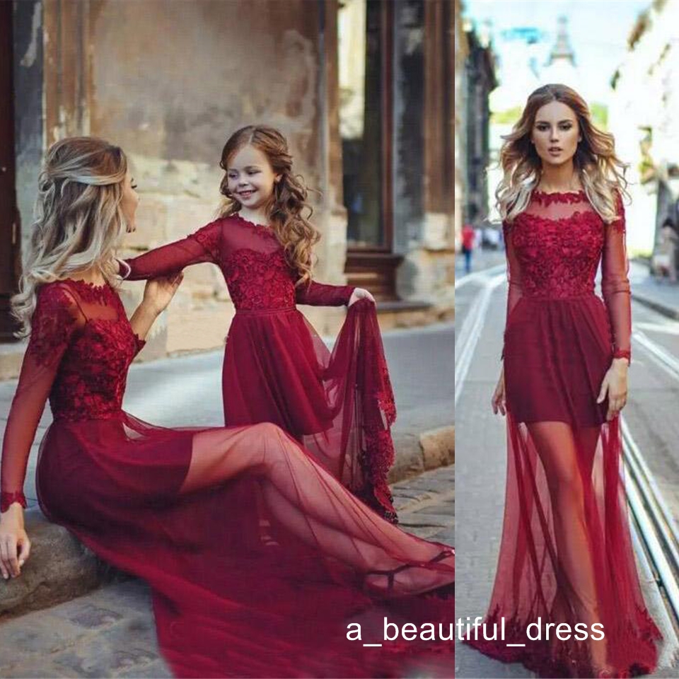 Fashion A-line Prom Dresses Bateau Neck Burgundy Long Sleeves Illusion Soft Tulle Sweep Train Evening Gown ED1304