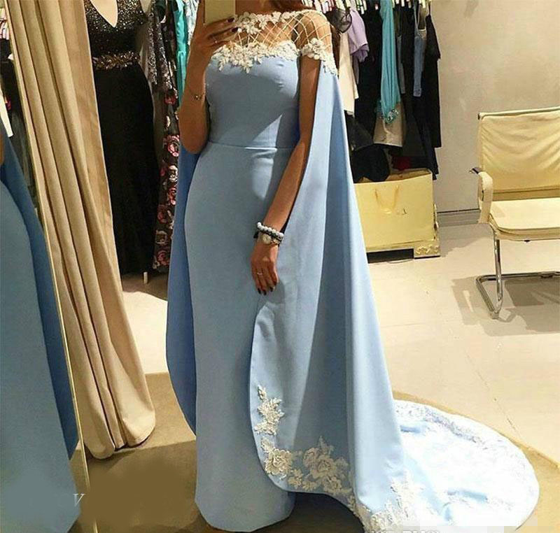 2020 New Sky Blue Fashion Sheath Prom Dress With Cape/Wraps Formal Holidays Wear Graduation Evening Party Pageant Gown Custom Made Plus Size