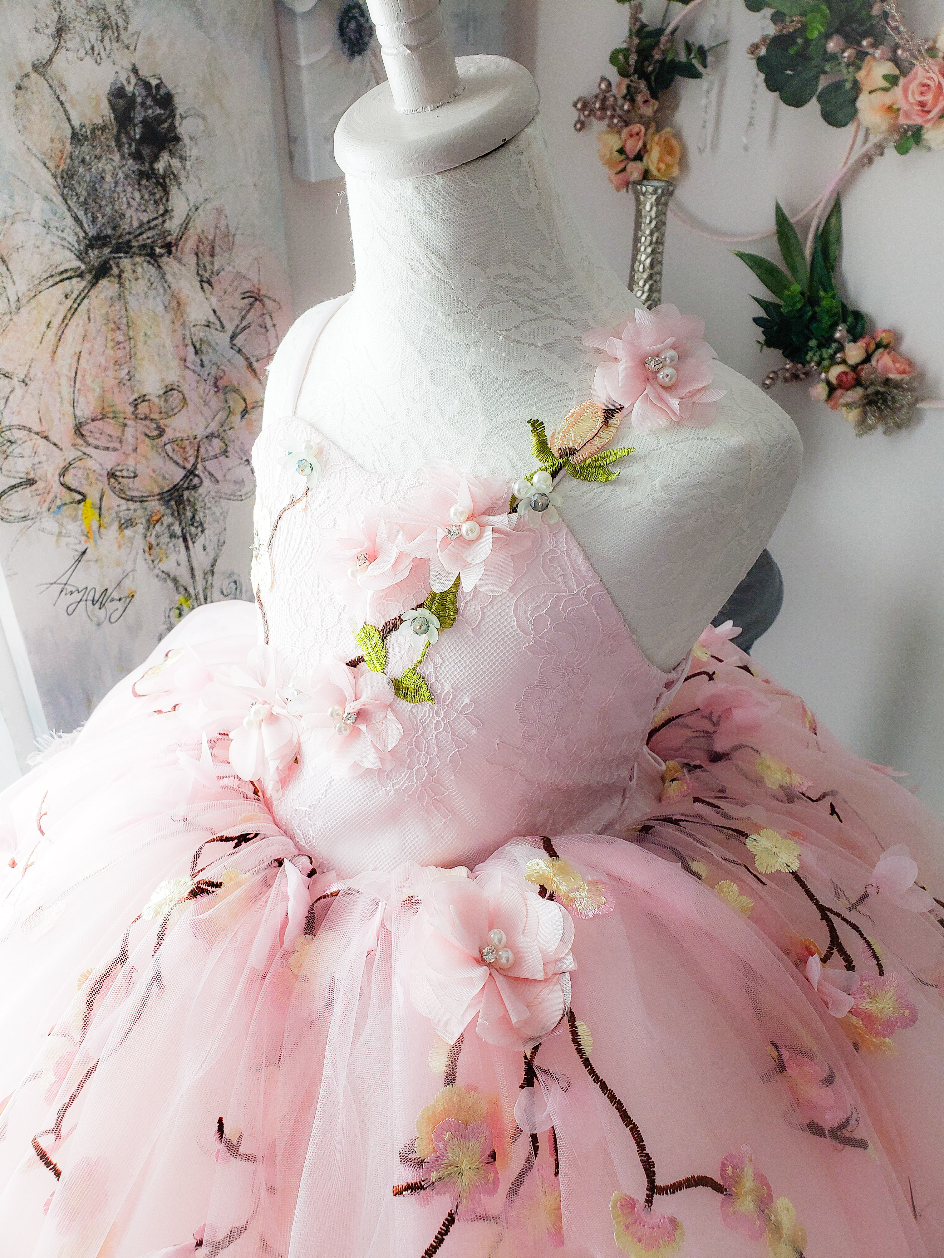 Newest Ball Gown Flower Girl Sleeveless Tulle Lace Applique Wedding Dress Floor Length Girl's Birthday Part 0508