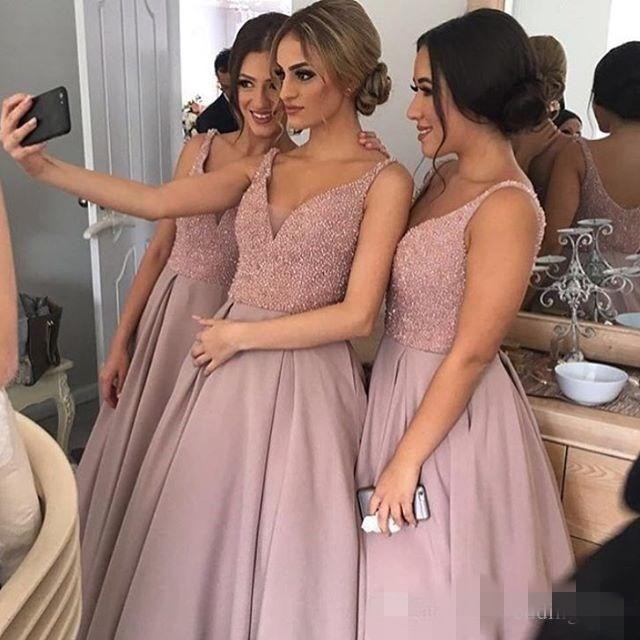 Dusty Pink Bridesmaid Dresses V Neck Spaghetti Straps Beaded Satin Floor Length Maid Of Honor Gown Custom Made Wedding Guest