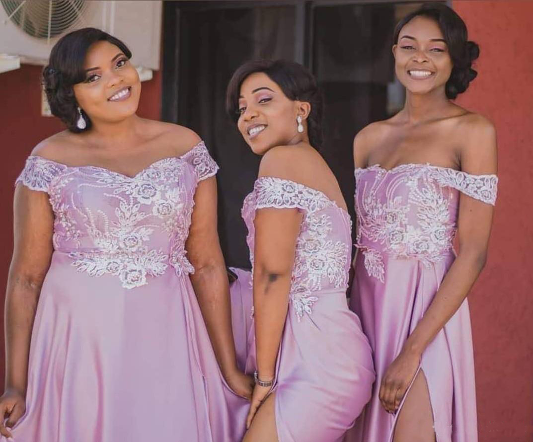 African Plus Size Bridesmaid Dresses Long Side Split Lace Appliques Beads Off The Shoulder Wedding Guest Gowns Spring Maid Of Honor Dress