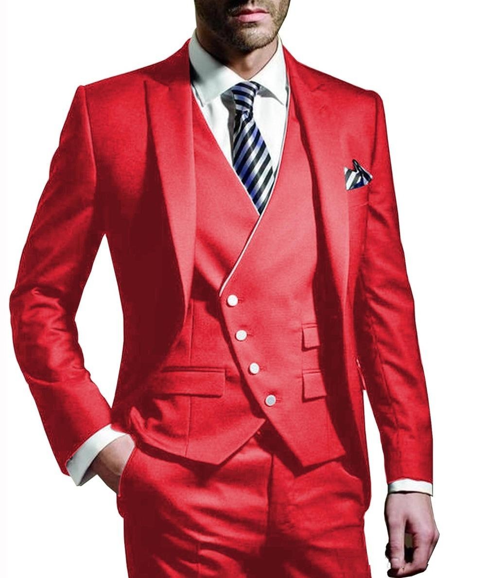 Slim Fit watermelon red Groom Tuxedos Peak Lapel Groomsman 3 Piece Men Prom Business Suit Jacket Blazer Jacket Pants Tie Vest 2665