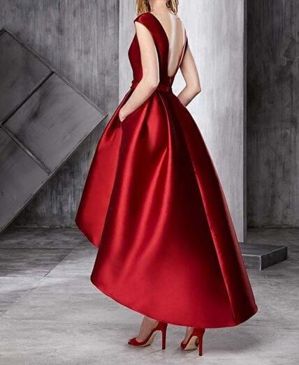 Stunning Backless Dark Red Prom Dress Hi Lo Satin Prom Dress with Pockets Royal Blue/black Party Dress