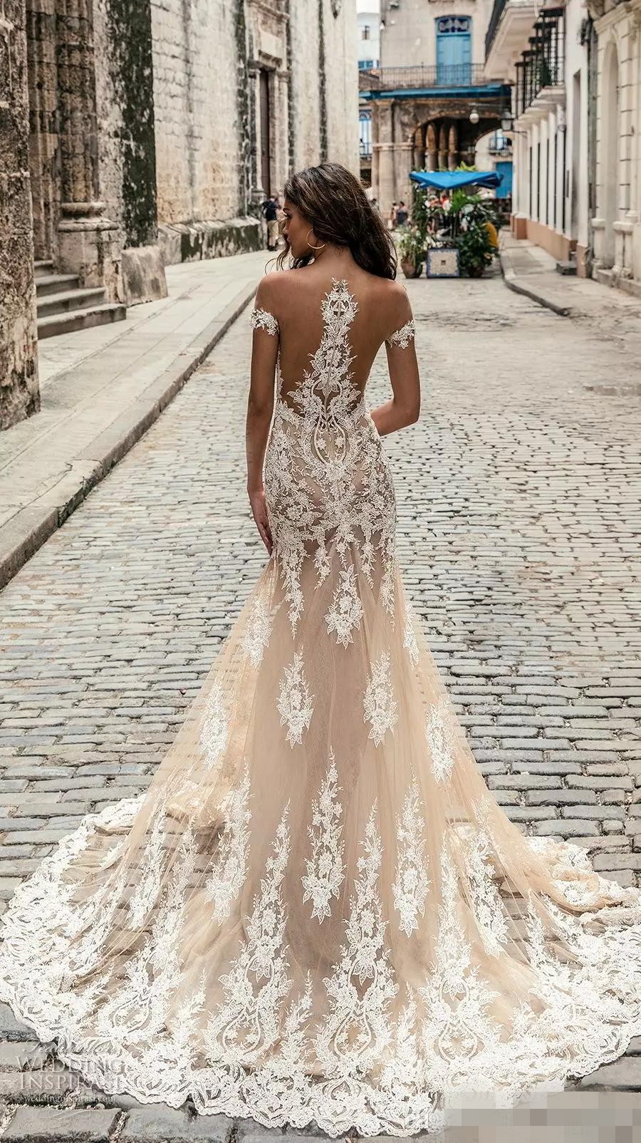 Dresses Champagne Mermaid Plunging V Neck Capped Sleeves Lace Applique Sweep Train Wedding Gown 2020 Custom Made Vestido De Novia estido