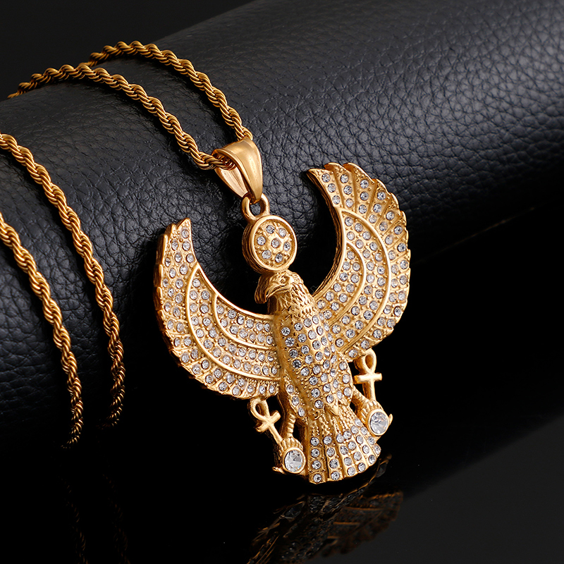 Full Rhinestone Inlay Eagle Pendants Necklace New Men Hip Hop 316L Stainless Steel 18K Gold Plated Jewelry