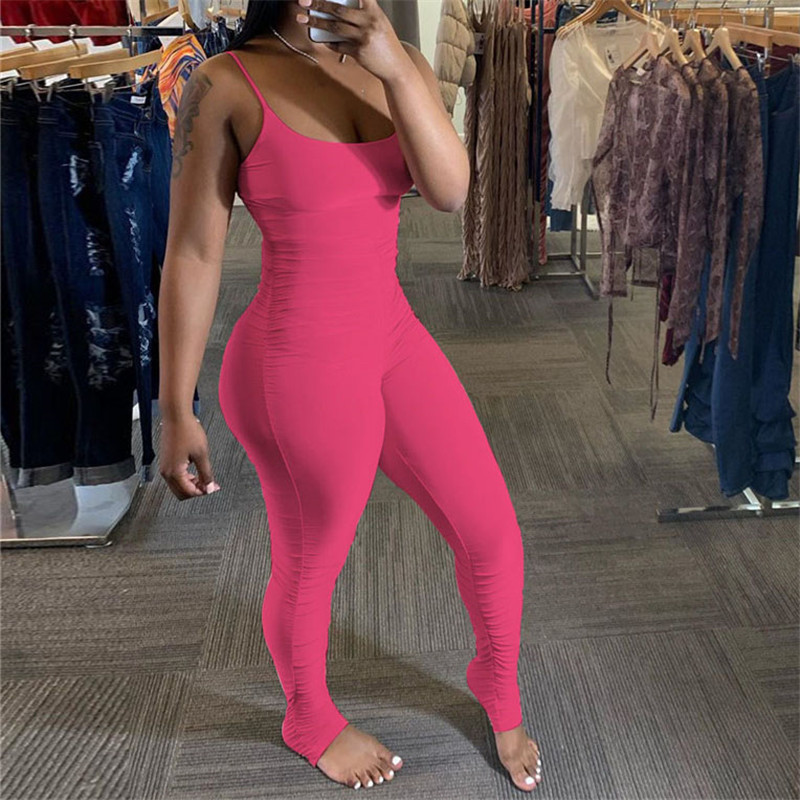 WUHE Women Two Piece Stacked Leggings Jumpsuit Summer Sexy Fitness Spaghetti Strap Backless Ruched Sweatpants Bodycon Rompers