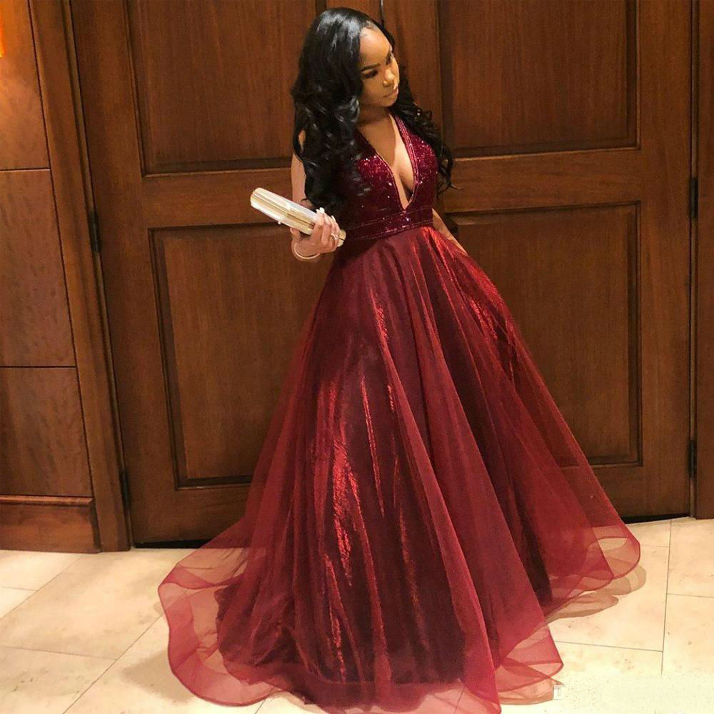 2019 Modest Burgundy Prom Dresses A Line Deep V Neck Lace Sequined Tulle Evening Gowns Girls Formal Party Pageant Dresses