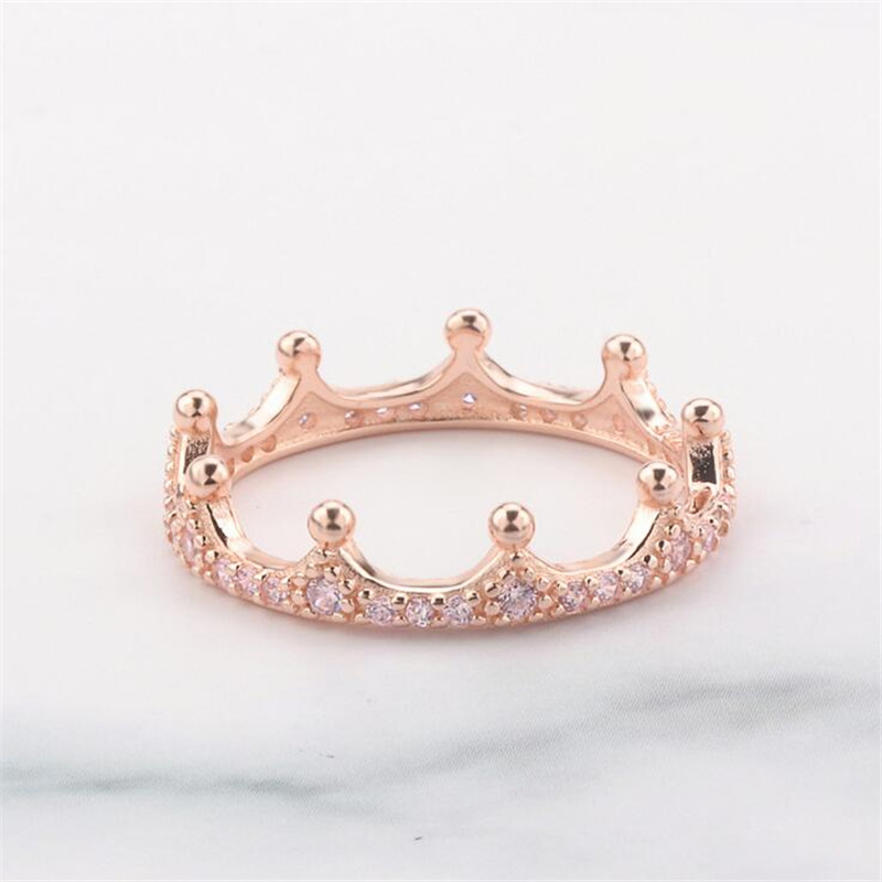 Never Fade Retro Jewelry Pure 100% Pure 925 Sterling Silver&18K Rose Gold Fill Pave CZ Diamond Promise Women Wedding Crown Band Ring Set