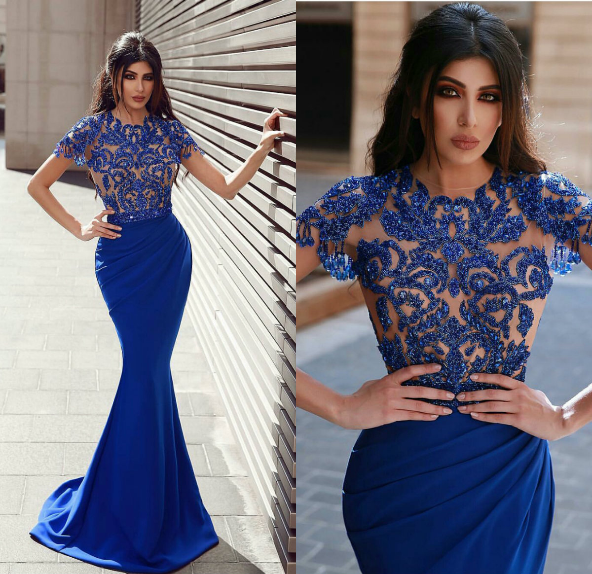 2019 Royal Blue Beaded Mermaid Prom Dresses Jewel Neck Lace Short Sleeves Sweep Train Evening Dresses Party Wear Arabic Cocktail Gowns, Gold
2019 Royal Blue Beaded Mermaid Prom Dresses Jewel Neck Lace Short Sleeves Sweep Train Evening Dresses Party Wear Arabic Cocktail Gowns, Gold