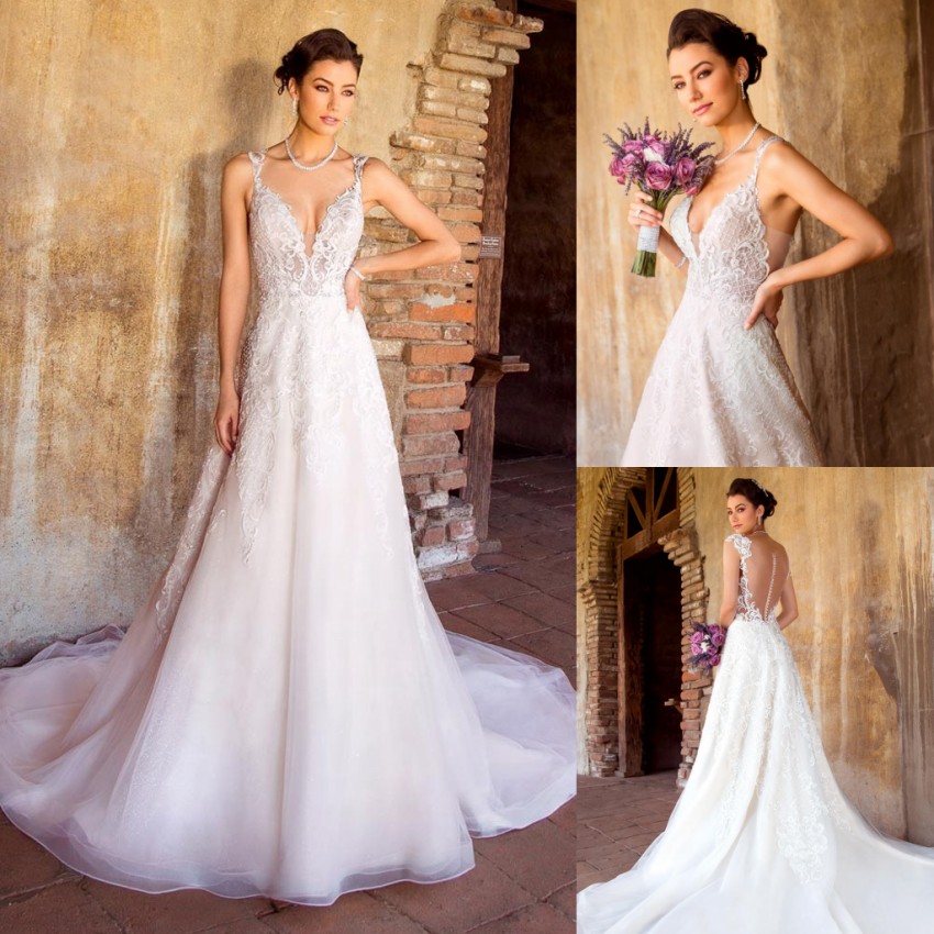 A Line Graceful Lace Wedding Dresses Deep V Neck Sleeveless Bridal Gowns See Through Buttons Back Sweep Train Robe De Marie
