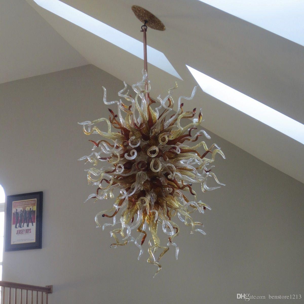 Handicraft Art Glass Chain Crystal Chandelier Golden Color Ceiling Hanging Lamp LED Light 100% Handmade Blown Glass Pendant Chandelier Light