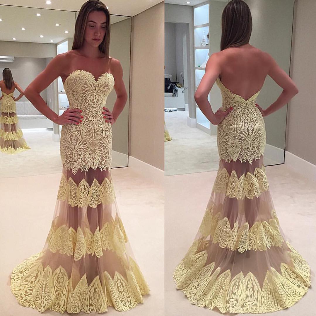 Mermaid Lace Yellow Backless Prom Dresses Sweetheart Neck Sleeveless Evening Gowns Floor Length Tulle Plus Size Formal Dress