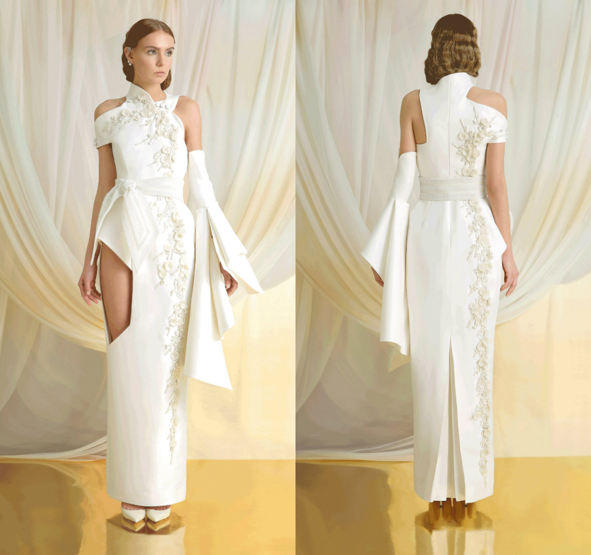 2019 New Azzi & Osta White Prom Dresses Satin Lace 3D Floral Appliqued Beads Gorgeous Evening Dress Ankle Length Girls Pageant Gowns