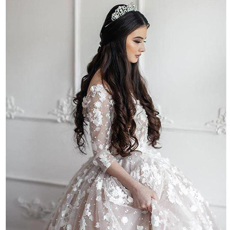 vintage lace ball gown wedding dresses bridal gowns 3d floral appliqued 3 4 long sleeve scoop neck beads plus size wedding dress