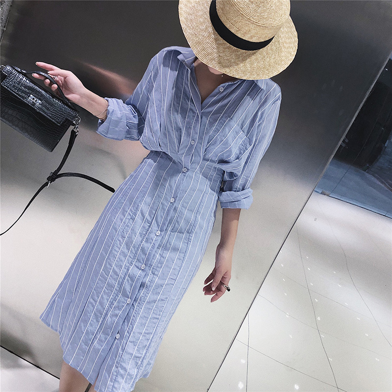 Wholesale-Autumn Women Dress Korean Style Slim Waist Striped Shirt Dress Long Sleeve Knee Length Ladies Elegant Midi Vestidos Jurken