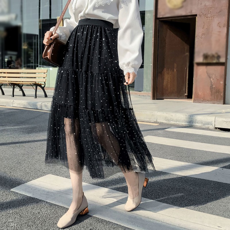 Tulle Women Temperament High Waist Skirt Summer Autumn Long Paragraph Pleated Sequin Half-Length Mesh Elegant A-Line Skirt, Black
Tulle Women Temperament High Waist Skirt Summer Autumn Long Paragraph Pleated Sequin Half-Length Mesh Elegant A-Line Skirt, Black