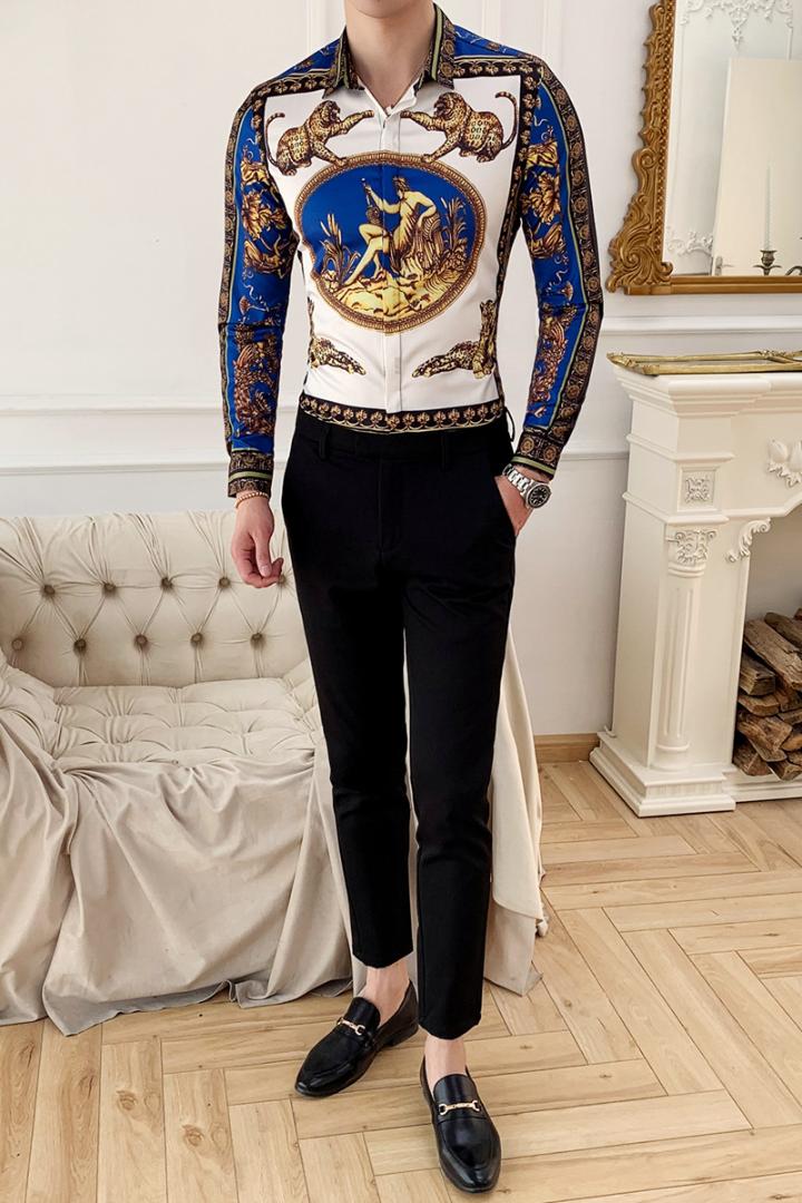 Casual Ral Shirt, Slim Fit Printed Long Sleeve Club Outfits, Breathable Mens Wer Shirts B1