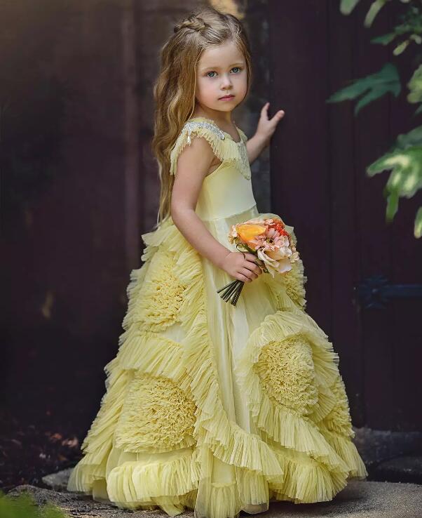 Cute 2020 Flower Girls Dresses For Wedding Multilayer 3D Flowers Kids Formal Wear Applique Floor Length Girl's Pegeant Dress 0431