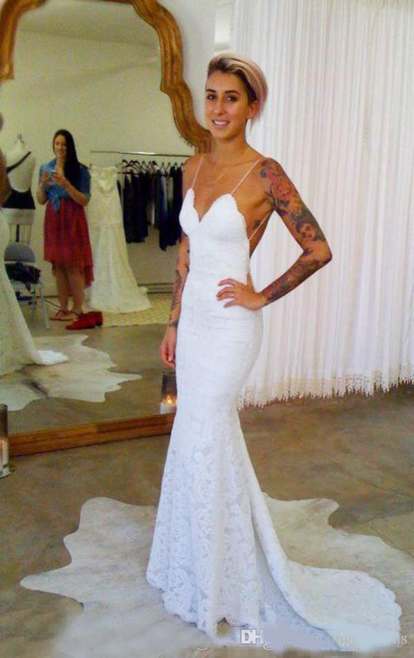 Sexy Backless Beach Boho Mermaid Wedding Dresses New 2020 Spaghetti Straps Sleeveless Romantic Full Lace Open Back Country Bridal Gowns