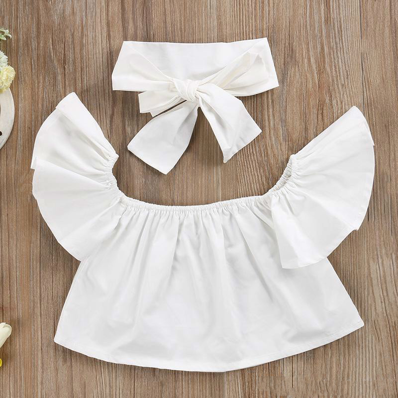 New Fashion Children Girls Clothes Off Shoulder Crop Tops White+ Hole Denim Pant Jean Headband 3pcs Toddler Kids Clothing