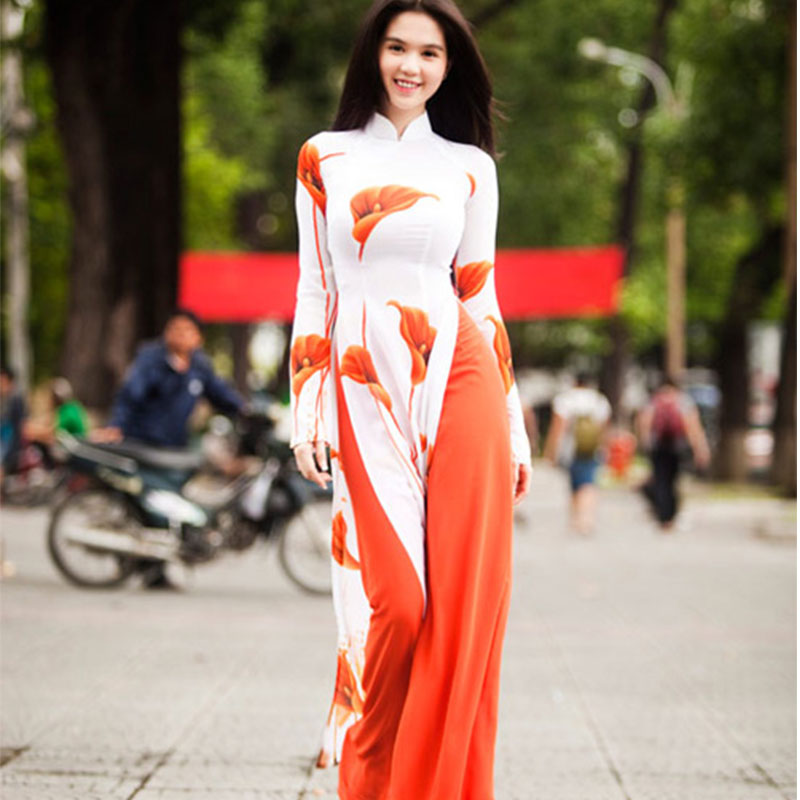 Authentic Vietnam Aodai cheongsam Robe traditional high split wide leg pants two-piece Suits horseshoe lotus thin Vietnamese Aodai Dress