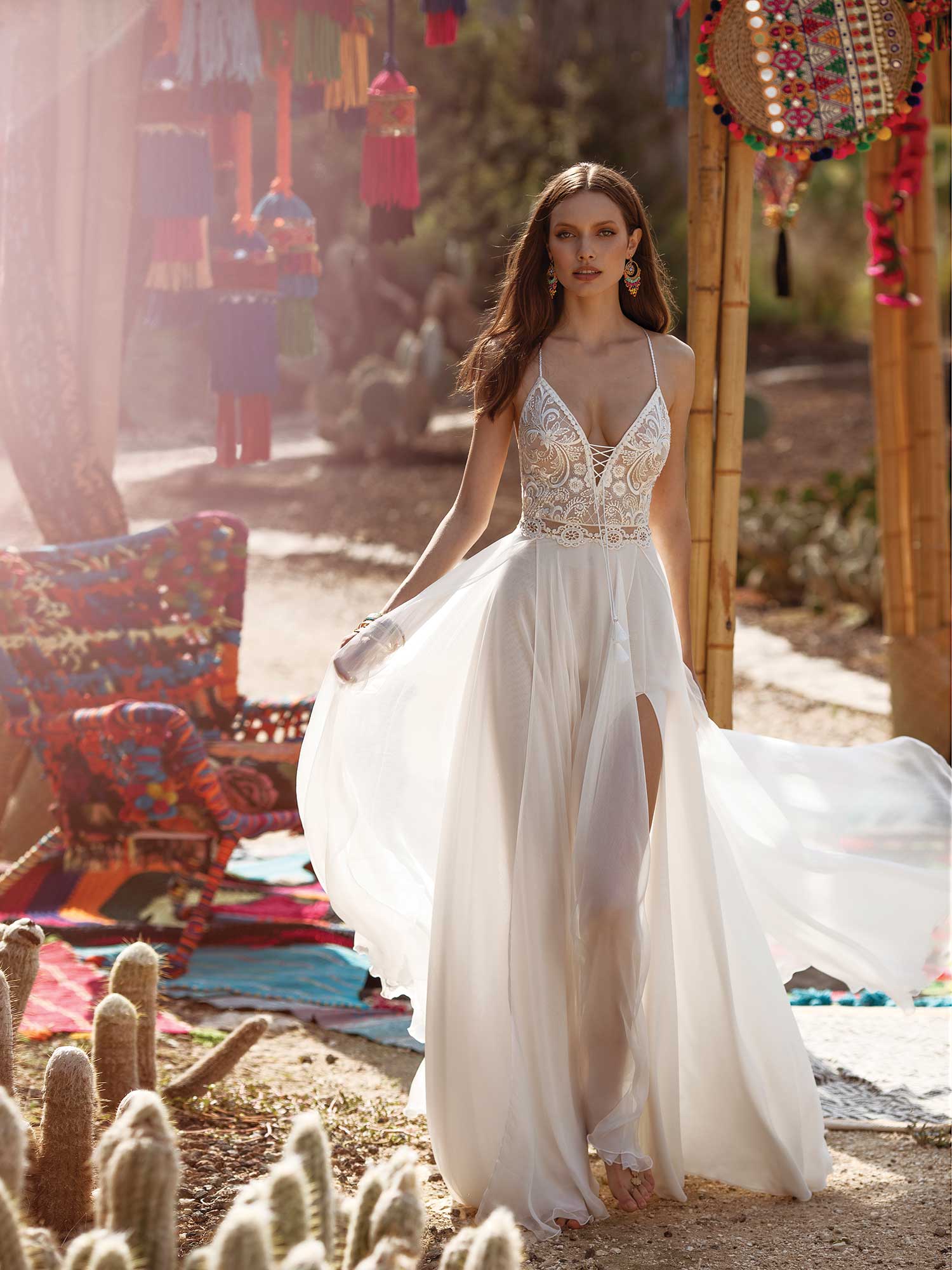 asaf dadush chiffon split wedding dresses lace appliqued beach spaghetti v neck a line bridal gowns vestido de novia