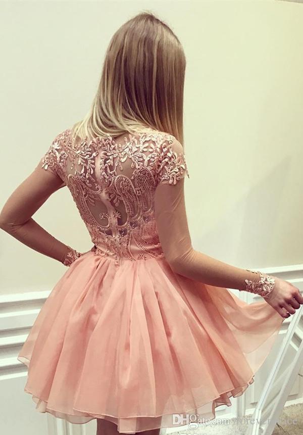 2019 Glamorous Sheer Homecoming Dress A Line Long Sleeves Short Juniors Sweet 15 Graduation Cocktail Party Dress Plus Size Custom Made