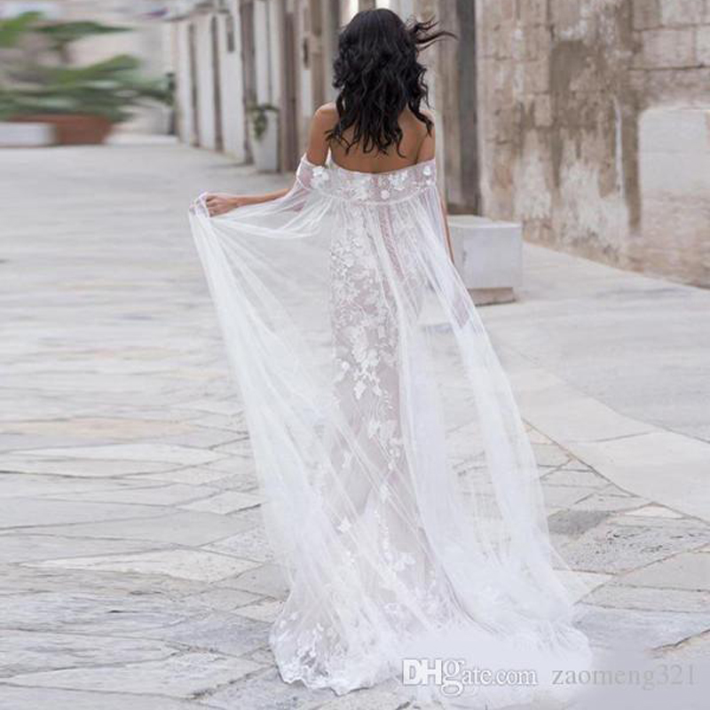 2020 Beach Wedding Dresses Mermaid Off Shoulder Lace Applique Tulle Bridal Gowns With Wrap Sweep Train Backless Wedding Gowns