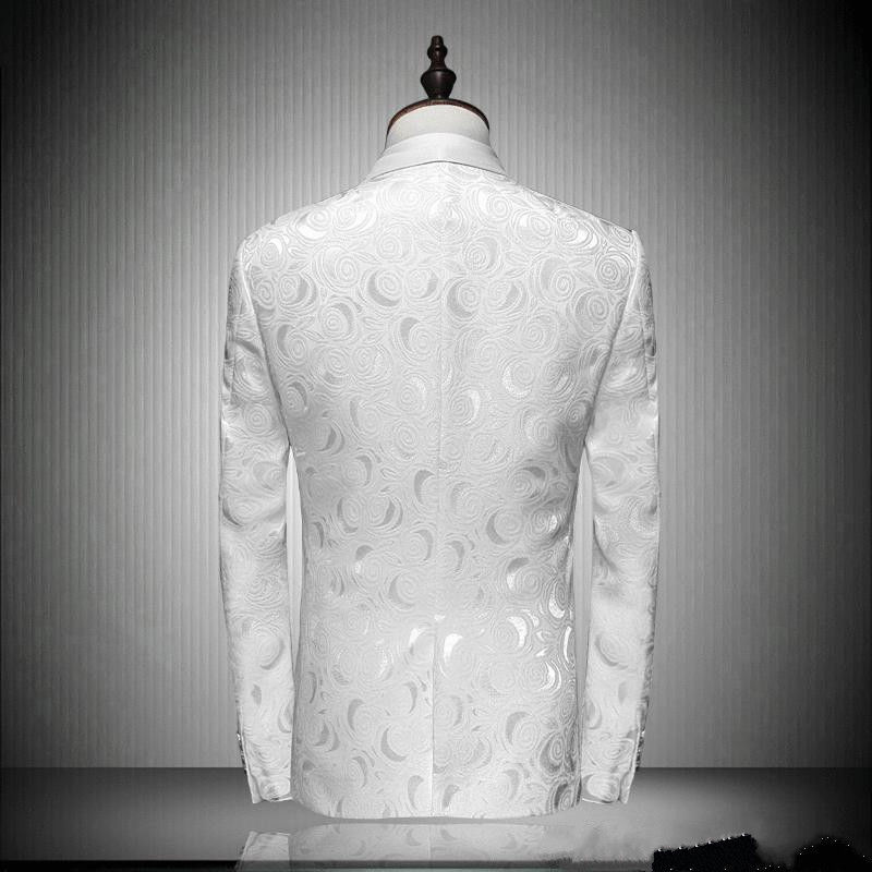 2019 Floral Mens Suits Groom White Dinner Tuxedos Shawl Lapel Groomsman Prom Dress Party Wedding Suits Two Pieces Jacket+Pants