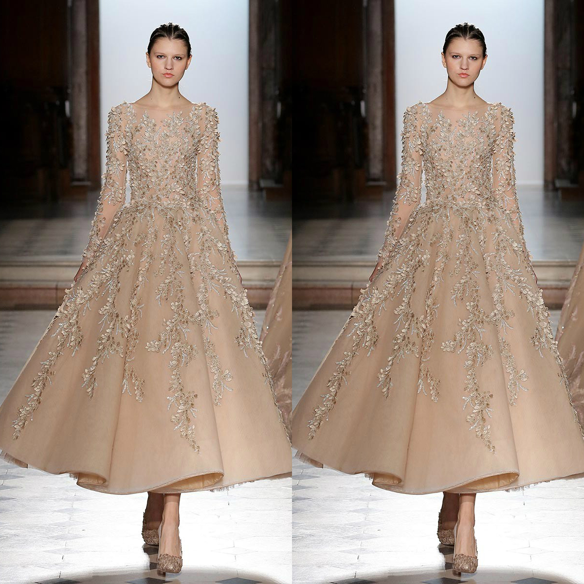 tony ward a line prom dresses ankle length beaded lace formal evening gowns long sleeve jewel neck party dress