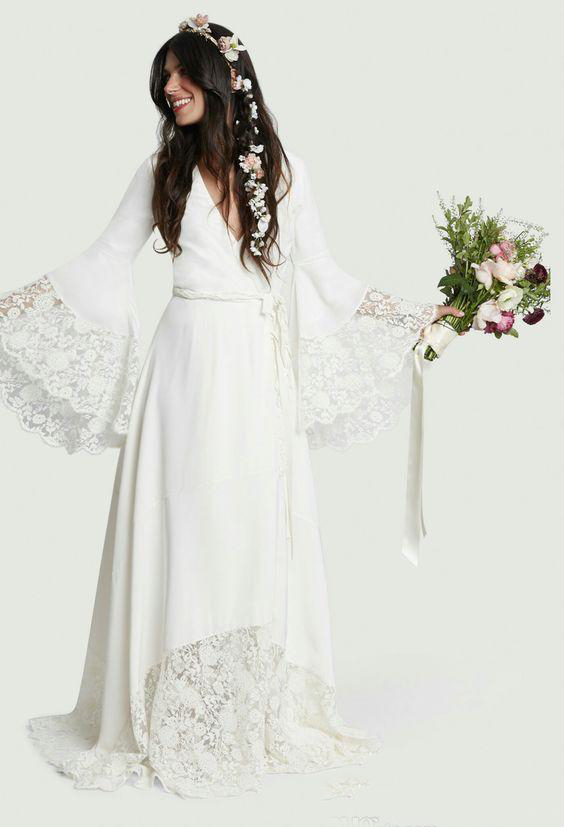 Beach Wedding Dresses Chic Boho Bohemian Long Bell Sleeve Lace Flower Bridal Gowns Plus Size Hippie Wedding Dress Custom made