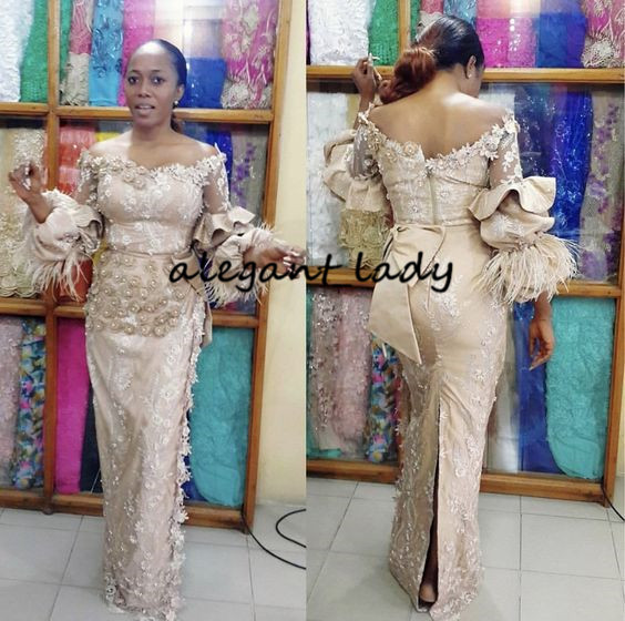 Champagne Long Sleeve Mermaid Evening Dresses 2019 Glamorous Aso Ebi Styles 3D Floral Feather Lace Plus Size Off Shoulder Prom Gowns