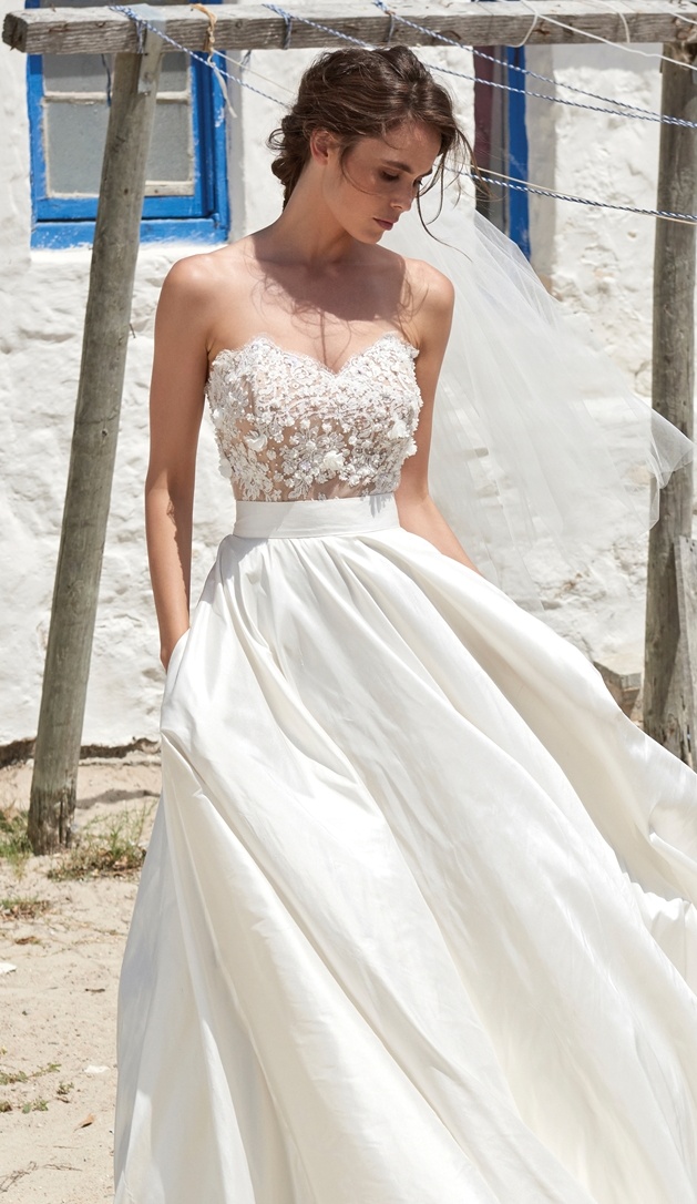 Elbeth Gillis A Line Beach Wedding Dresses Sweetheart Lace Appliques Satin Beaded Wedding Dress with Pockets Backless Bridal Gowns