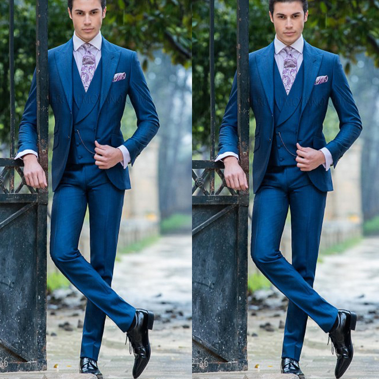 2019 Navy Blue Formal Groom Wear 3 Pieces Shawl Lapel Men Suits Two Button High Quality Blazer
