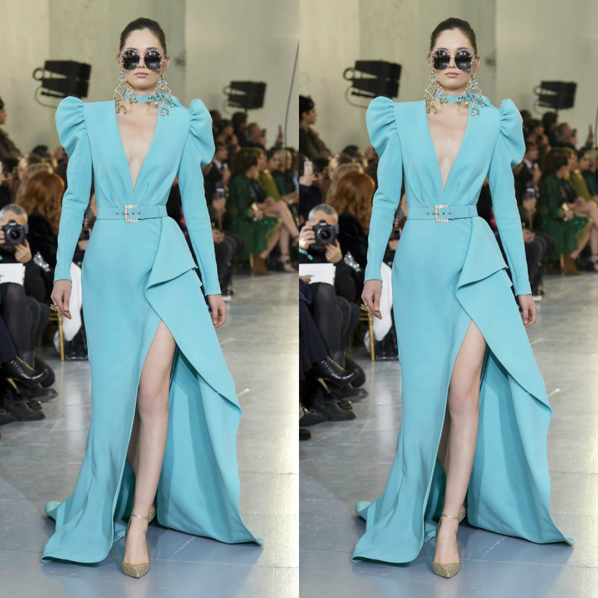 New Elie Saab Evening Gowns Long Sleeve Elegant V Neck Satin Side Split Formal Dress Party Women Prom Dress Party Wear