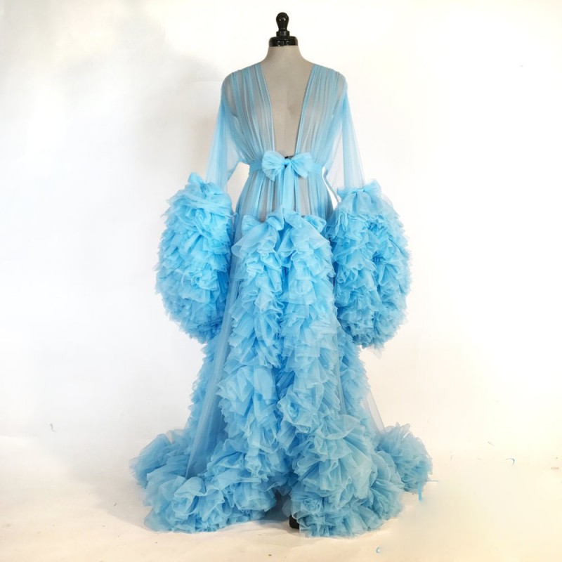 2019 Sexy Women Sleepwear Bath Robes Long Sleeve Illusion Tulle Bride Pajama With Ruffle Night Gowns Dresses