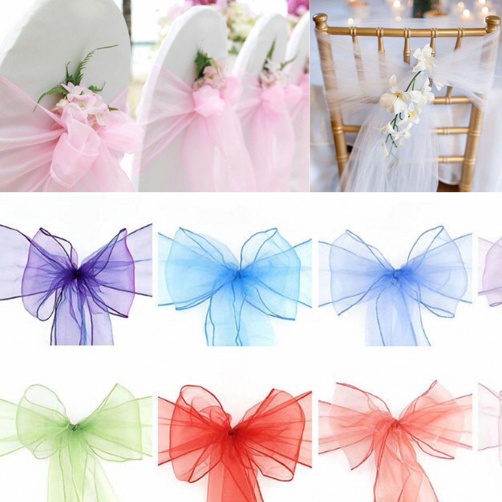 25PC/Lot New Wedding Organza Chair Sash Bow For Chair Cover Banquet beach garden Wedding Party Decor Organza Sashes