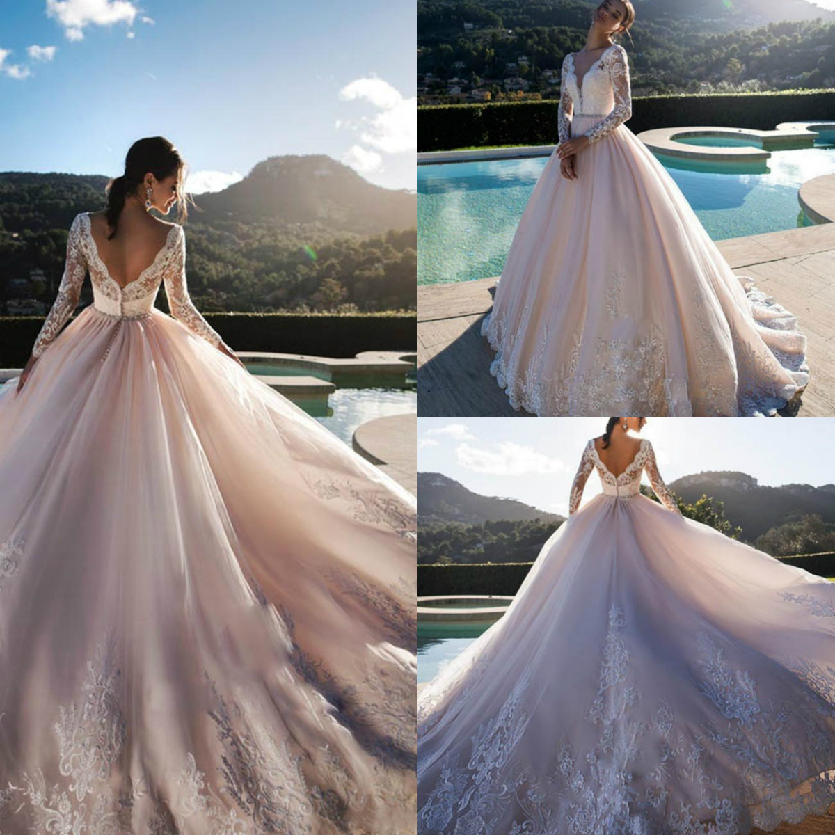 Nora Naviano Long Sleeves Wedding Dresses V Neck Backless Lace Appliques Bridal Gowns Sweep Train A Line Brides Dress Robe De Mariee