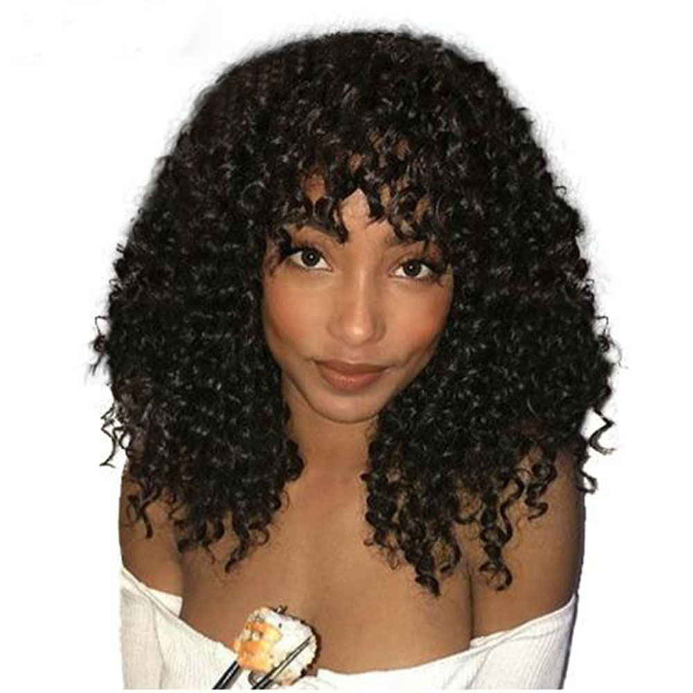 250density full Deep Curly brazilian Lace Frontal Wigs With Bangs Deep Part short kinky curly synthetic Lace Front Wig for african women