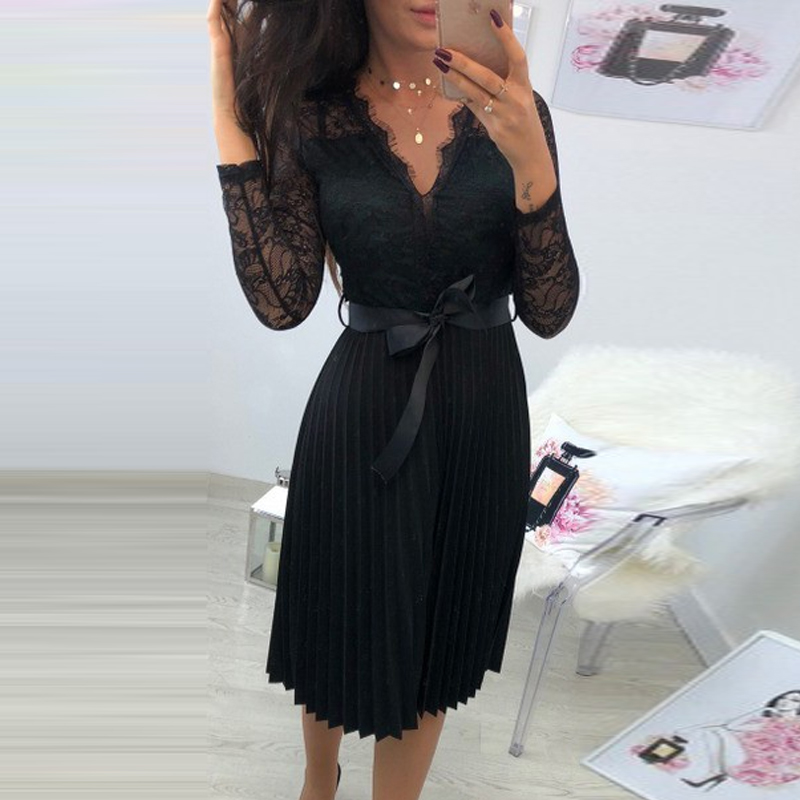 Februaryfrost 2020 Women Lace Pleated Long Sleeve Dress Elegant Fresh Ribbon Hollow Chiffon Midi Dress Casual Party Club Dress, Black
Februaryfrost 2020 Women Lace Pleated Long Sleeve Dress Elegant Fresh Ribbon Hollow Chiffon Midi Dress Casual Party Club Dress, Black