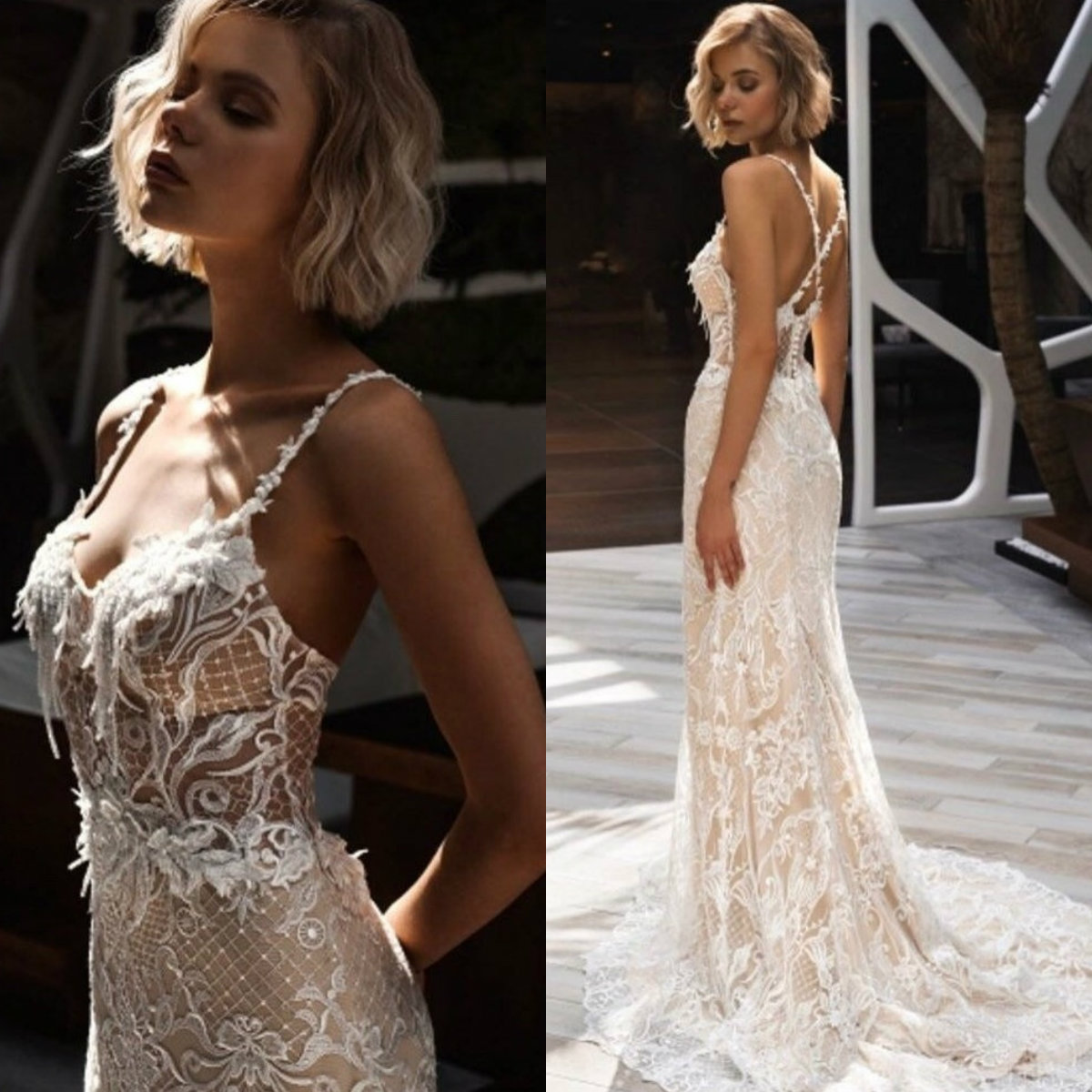 Sexy Champagne Mermaid Dresses 2019 Spaghetti Straps vestidos de novia with Lace Appliques Sequined Bridal Beach Wedding Gowns