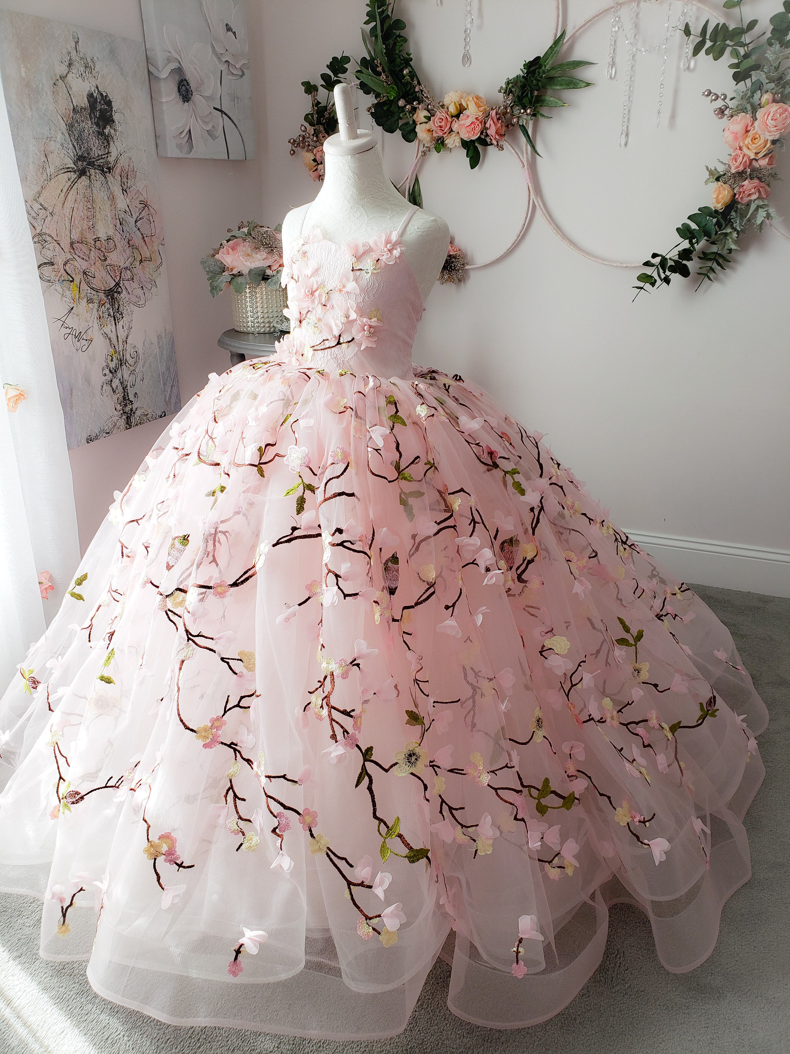 Newest Ball Gown Flower Girl Sleeveless Tulle Lace Applique Wedding Dress Floor Length Girl's Birthday Part 0508