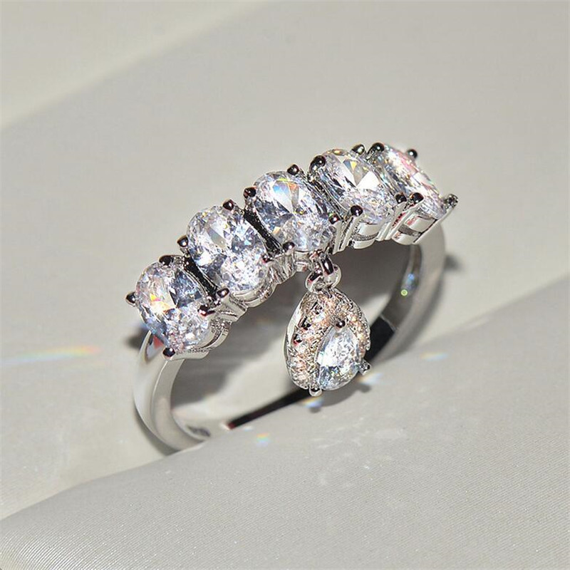 Classical Sweet Cute Lovely Jewelry 925 Sterling Silver Oval Cut White Topaz CZ Diamond Water Drop Party Engagement Wedding Band Ring Gift