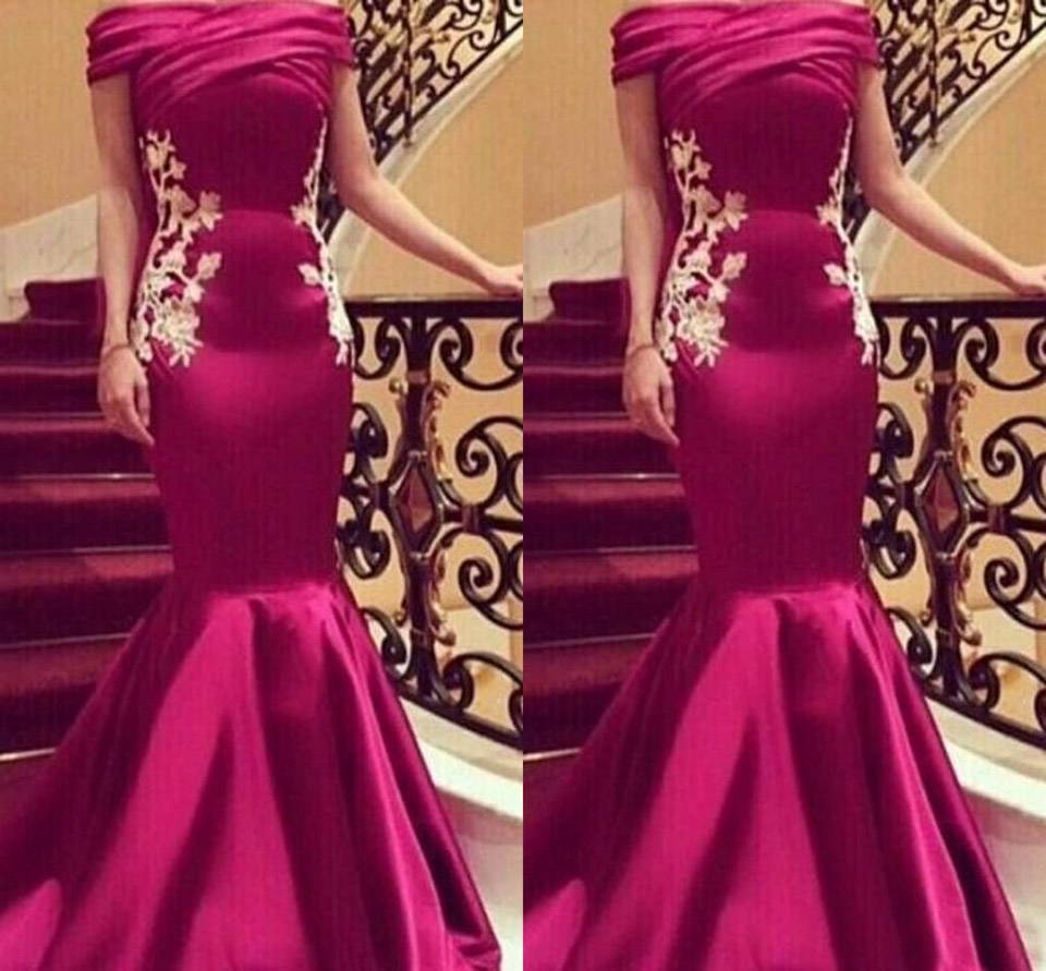 Arabic Dresses Evening Wear Off Shoulder Pleats Appliques Sequins Mermaid Evening Dresses Long Satin Dubai Abaya Cocktail Prom Dress ED1356