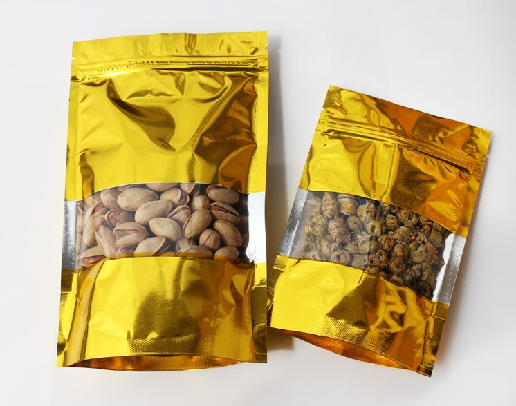 100pcs Stand up Glossy Gold Window Zip Lock Bag Resealable Golden Heat Sealing Sugar Kitechen Supplies Ground Coffee Corn Snack Display Storage Pouche
